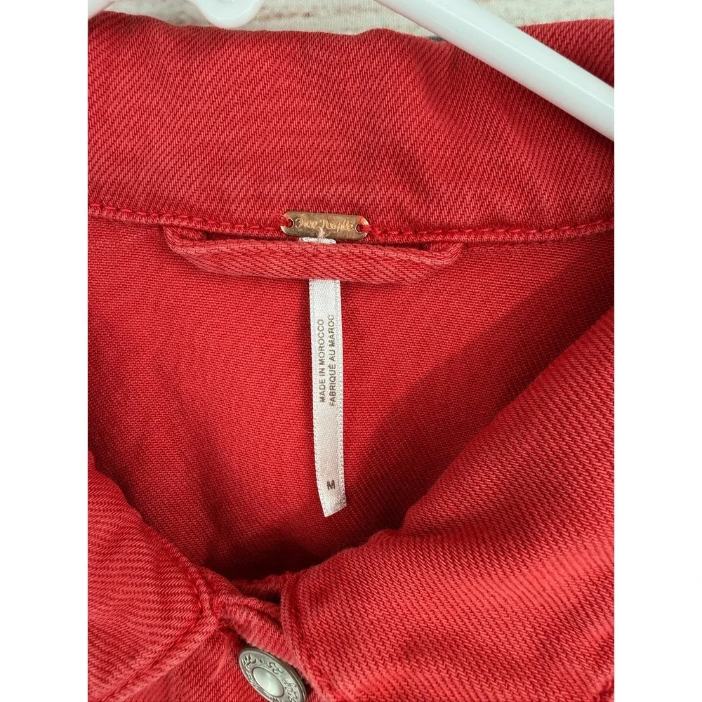 Free People Denim Jacket Women Medium Red Trucker Cotton Button Up - Picture 5 of 10